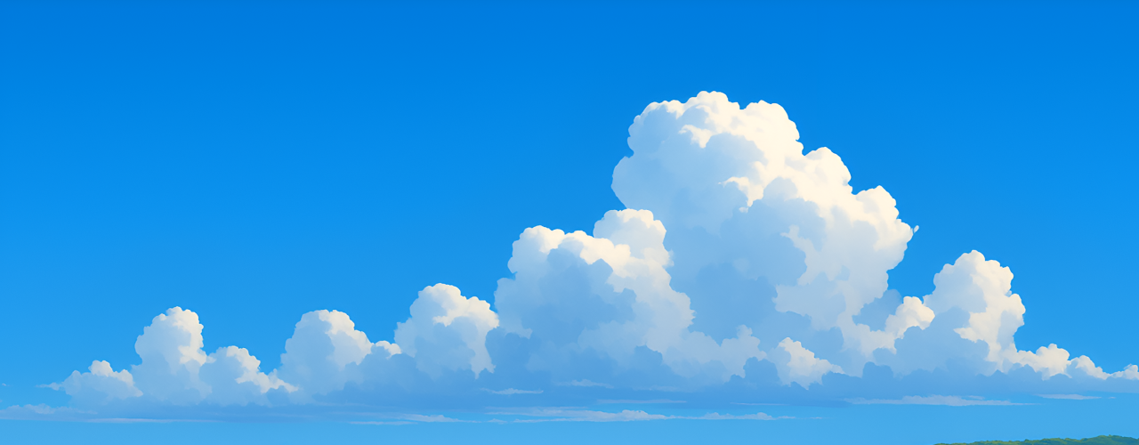 Ярко-голубое небо с крупными пушистыми белыми облаками, напоминающими кучевые; горизонт покрыт тонкой полосой облачности