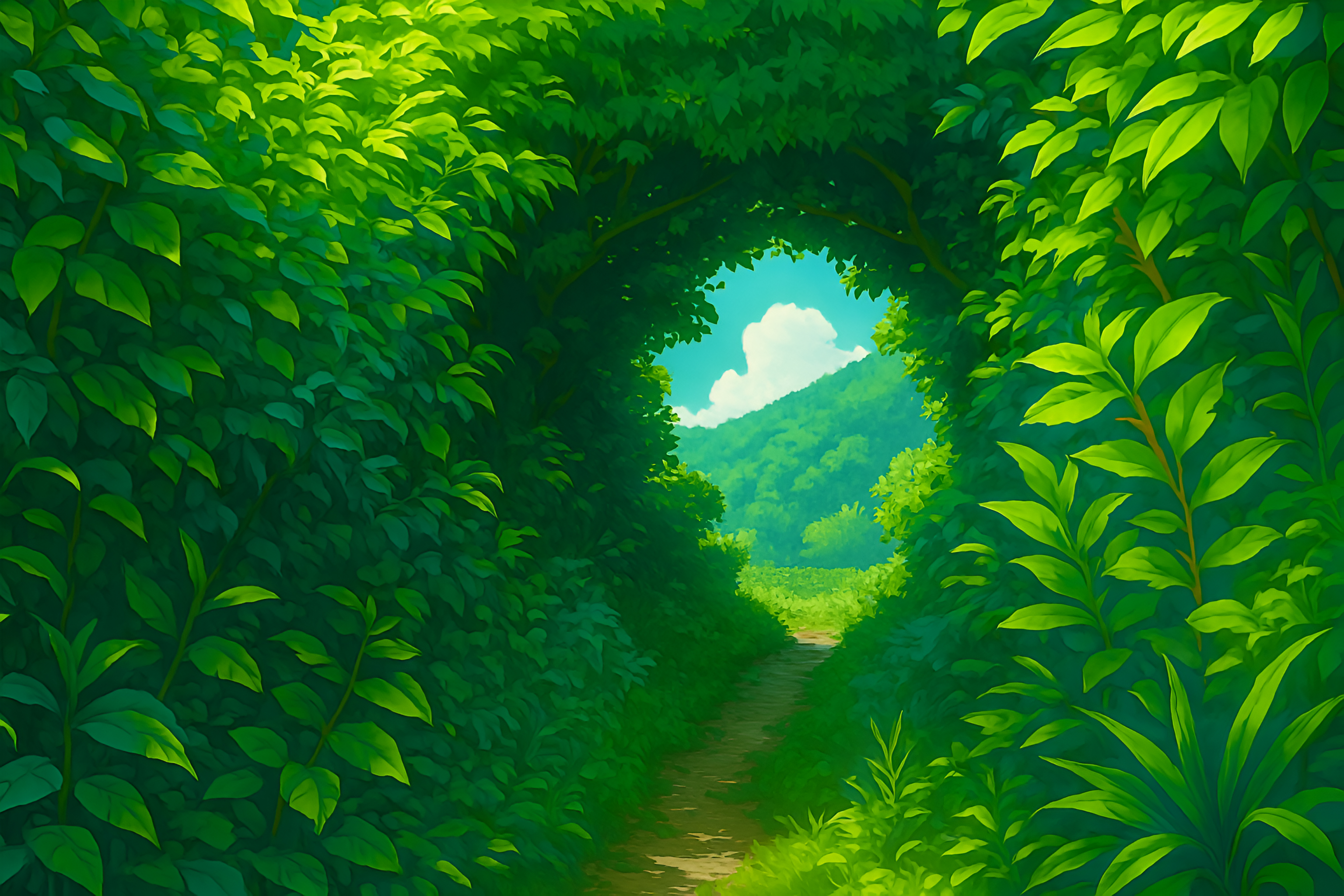 Тропинка, ведущая сквозь густые зелёные заросли, образующие арку; вдалеке видны холмы и белое облако на фоне яркого неба